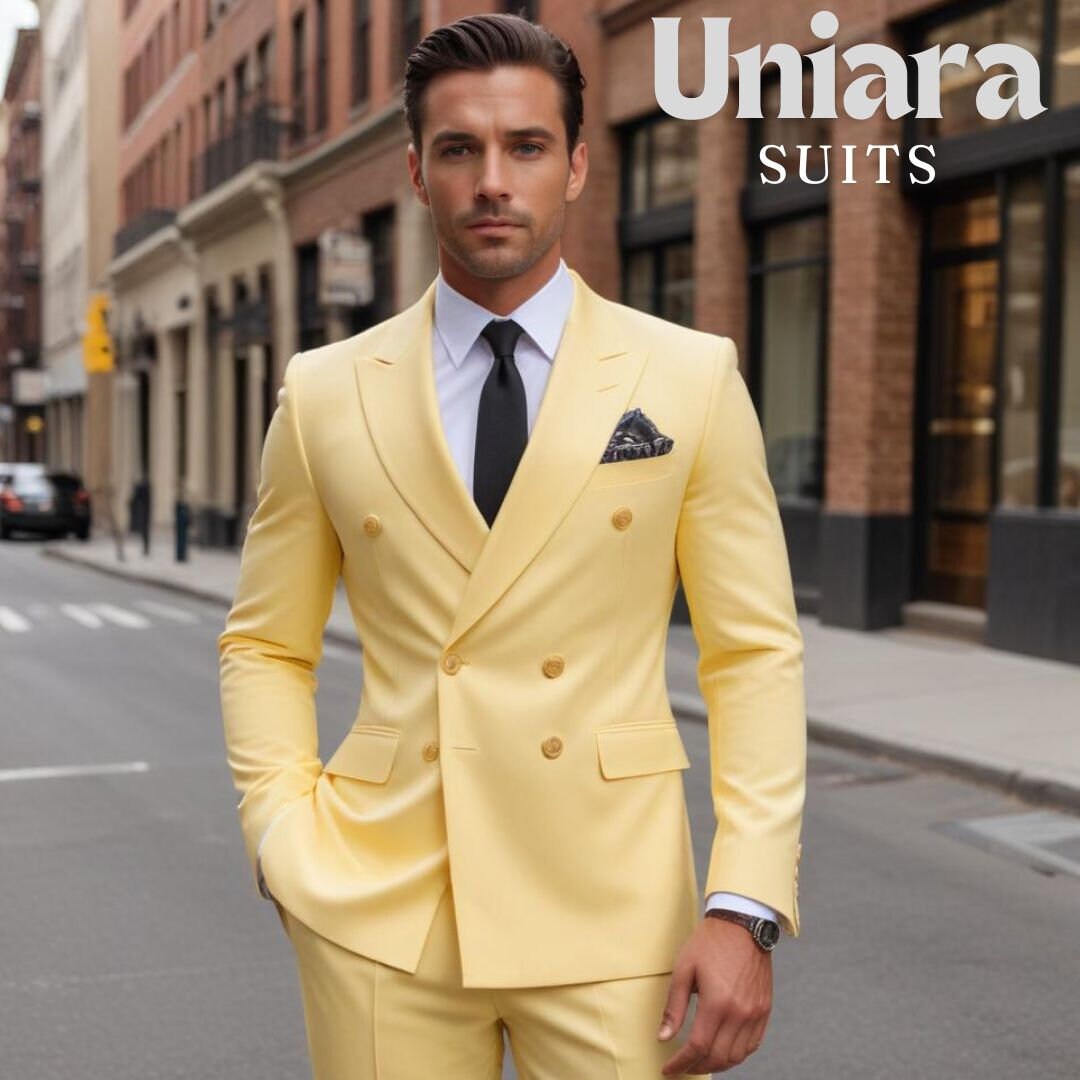 Classy Yellow New Arrival Slim Fit Double Breasted Prom Outfits for Guys