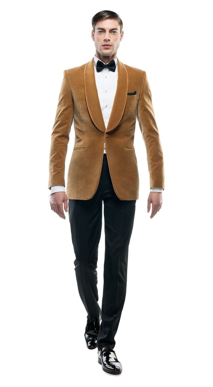 Men Golden Velvet Jacket Wedding Groom Slim Fit Dinner Coat Etsy