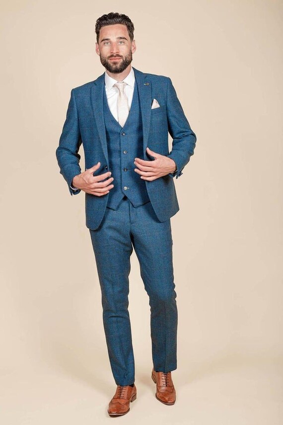 MEN TWEEDS SUITS 3 Piece Teal Blue Suit Men Wedding Suits - Etsy