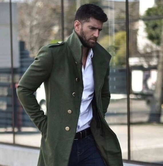 Men Trench Coat Black Double Breasted Style Slim Fit Party 