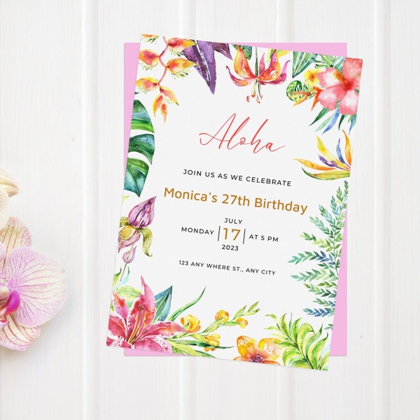 Invitation d’anniversaire tropicale florale, invitation d’anniversaire tropicale, invitation Luau, invitation modifiable, téléchargement instantané