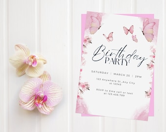Invitation d'anniversaire papillon, invitation papillon rose, invitation papillon, invitation modifiable, téléchargement immédiat