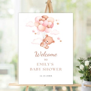 Editable Teddy Bear Baby Shower Welcome Sign, Girl Baby Shower, Bear Welcome Sign, Instant Download, Editable Baby Shower Sign
