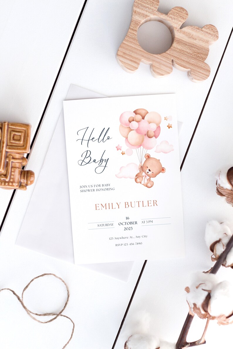 Editable Girl Teddy Bear Baby Shower Invitation, Teddy Bear Baby Shower