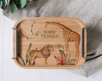 Boîte à pain personnalisée « Jungle » en acier inoxydable avec couvercle en bambou | Boîte à collation avec motifs colorés de la jungle | Bretelles larges pour enfants