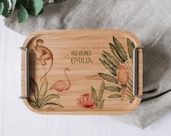 personalisierte Brotbox "Flamingo" aus Edelstahl mit Bambusdeckel | Brotzeit Dose mit bunten Dschungel Motiven | Breite Bügel für Kinder
