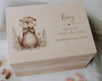 Baby Shower Gift Personalized – Memory Box Otter with Name, Birth or Baptism Gift Boy Girl, FSC Birch Wood Keepsake Box