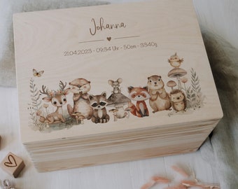 Personalized memory box with colorful wooden animals | Gift idea for baptism, birth, starting kindergarten, and much more