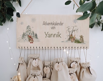 Kids Advent Calendar Personalized with Name – Wooden Board Forest Animals, Fillable Christmas Countdown, Reusable Beech Wood Gift