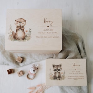 Caja de recuerdos personalizada de madera de abedul sin tratar con nombre | lindos animales del bosque | Para almacenamiento y decoración | Bautismo, nacimiento
