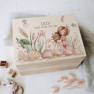 Personalized memory box made of untreated birch wood with name Mermaid For storing and decorating Baptism birth image 1