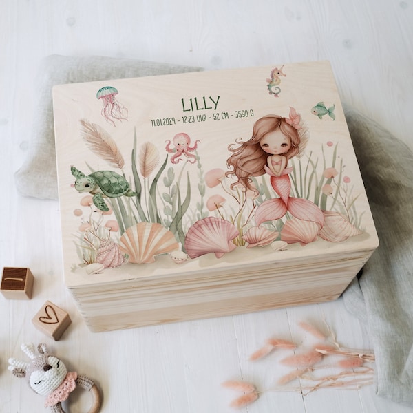 Personalized memory box made of untreated birch wood with name | Mermaid | For storing and decorating | Baptism birth