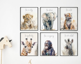 Nursery Wall Art Safari Animals Watercolor Print – Baby Shower Gift, Birth or Baptism Gift, Motivational Poster A3 A4 A5 Hahnemuhle