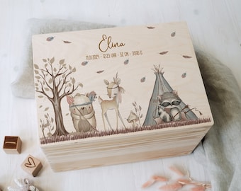 Boîte à souvenirs personnalisée en bois de bouleau non traité avec nom | Animaux de la forêt Boho | Pour ranger et décorer | Naissance du baptême