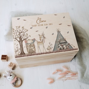 Caja de recuerdos personalizada de madera de abedul sin tratar con nombre | Animales del bosque boho | Para almacenamiento y decoración | Bautismo Nacimiento