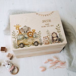 Scatola dei ricordi personalizzata con animali avventurieri | Per conservare e decorare | Idea regalo per battesimo o nascita
