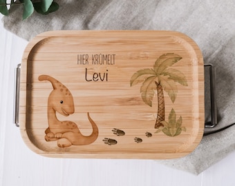 Boîte à bento en acier inoxydable avec couvercle en bambou | Boîte à collations personnalisée au design dinosaure | Anniversaire, randonnée, voyage scolaire