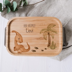 Stainless steel bento lunch box with bamboo lid | Personalized Snack Box in Dino Design | Birthday, hiking, school trip