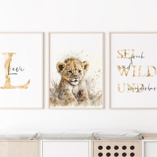 Löwe Wandbilder Set oder einzeln mit Name personalisiert, Poster Kinderzimmer Geschenk Tiere Bilder Kinder Babyzimmer Wanddeko Kunstdruck