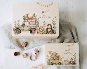 Personalized memory box with road trip animals | For storage and decoration | Gift idea for baptism or birth