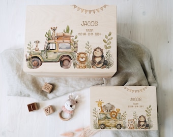 Personalized memory box with road trip animals | For storing and decorating | Gift idea for a baptism or birth