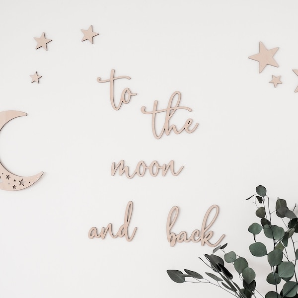 Wandspruch "To the moon and back" aus Holz | Set Mond und Sterne | 3D Wandtattoo  | Wanddeko Kinderzimmer