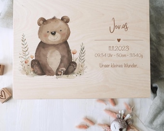 Baby Shower Gift Personalized – Memory Box with Bear, Name & Birth Date, Baptism or Christening Gift, FSC Birch Wood Keepsake Box