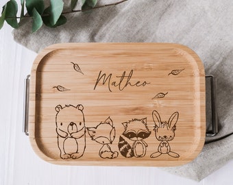 lunch box personnalisée en acier inoxydable avec couvercle en bois | Boîte à lunch pour enfants | amis des animaux de la forêt