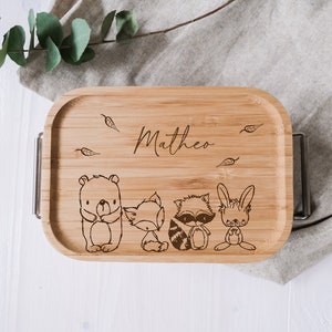 personalisierte Lunchbox aus Edelstahl mit Holzdeckel Brotdose für Kinder Waldtierfreunde Bild 1