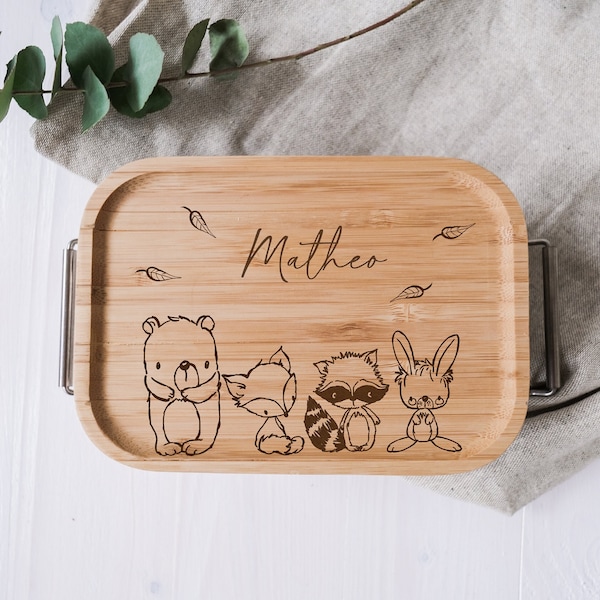 personalisierte Lunchbox aus Edelstahl mit Holzdeckel | Brotdose für Kinder | Waldtierfreunde