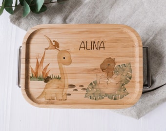 Lunch Box aus Edelstahl mit Bambusdeckel | Brotzeit Dose mit bunten Dinosaurier Motiven | Breite Bügel, einfache Handhabung für Kinder