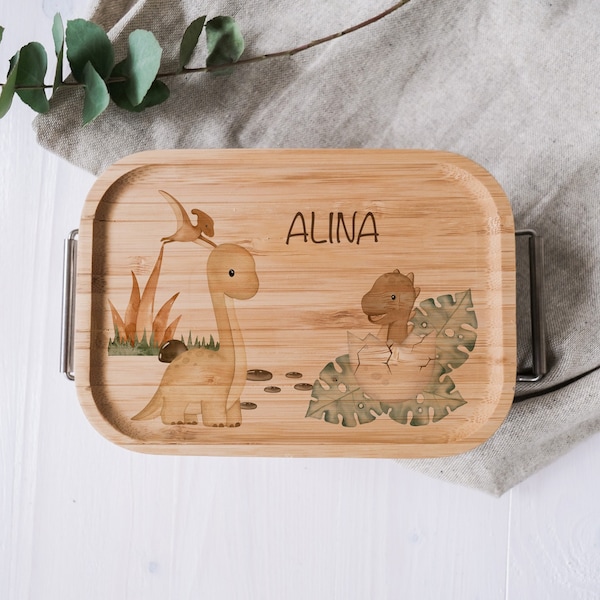 Lunch Box aus Edelstahl mit Bambusdeckel | Brotzeit Dose mit bunten Dinosaurier Motiven | Breite Bügel, einfache Handhabung für Kinder