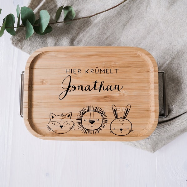 personalisierte Lunchbox aus Edelstahl mit Holzdeckel | Brotdose für Junge und Mädchen | Löwenfreunde Frühstücksbox
