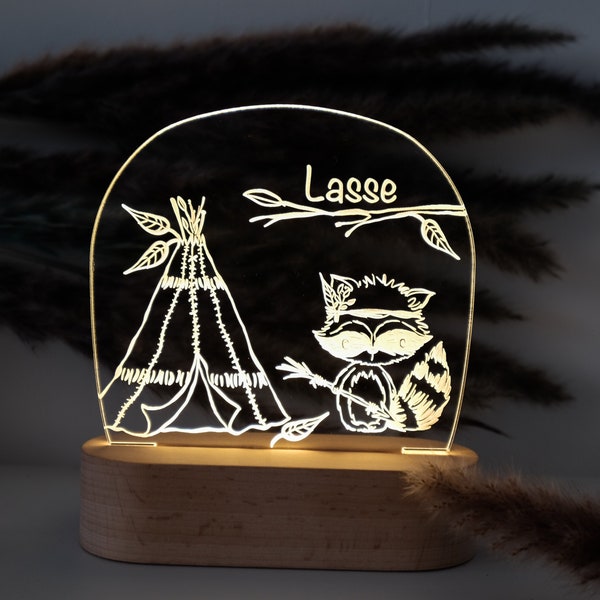 Lampe de nuit personnalisée "Tipi Raccoon" en bois et acrylique, cadeaux de naissance, idées cadeaux, chambre enfant, cadeau anniversaire