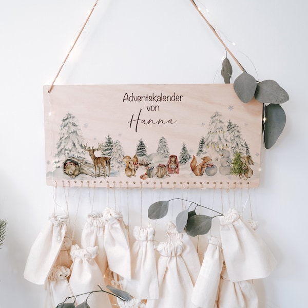 Calendrier de l'Avent personnalisé « Animaux en hiver » en bois pour enfants, Woodlandfriends, cadeaux durables pour Noël