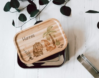 personalisierte Lunchbox aus Edelstahl mit Holzdeckel | Brotdose für Kinder "Dinofreunde" | Geschenk zum Kindergartenstart, Einschulung