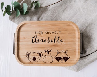 personalisierte Lunchbox aus Edelstahl mit Holzdeckel | Brotdose für Kinder | Zebra Freunde