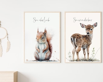 Baby Shower Gift Personalized – Forest Animal Nursery Print Watercolor with Custom Quote, Birth or Baptism Gift, Hahnemühle Art Print A3 A4