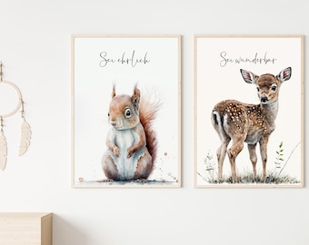 Affiche de motivation animaux de la forêt | Avec votre propre dicton ou sans | Crèche | cadeau | animaux de la forêt | Murales Enfants | Décoration murale chambre bébé