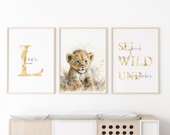 Lion wall art set personalized with name or single print, poster birth nursery gift animal pictures child baby room wall decor art print