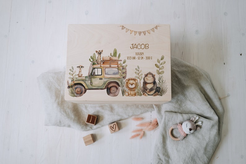 Boîte à souvenirs personnalisée avec animaux du road trip Pour ranger et décorer Idée cadeau pour un baptême ou une naissance Jeep