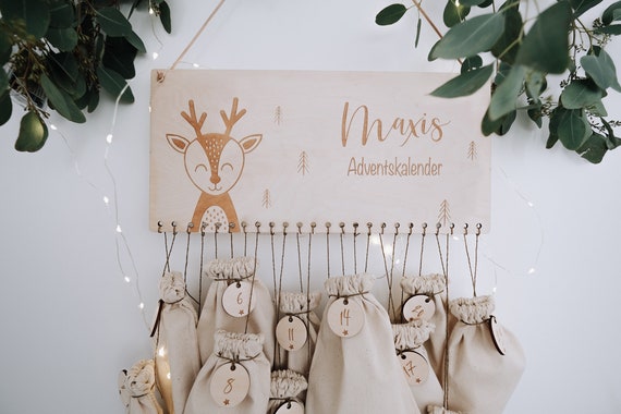 Calendrier De L’Avent Bois Personnalisable – Modèle Hérisson, 24 Sacs Lin Inclus, à Remplir Soi-même