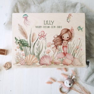 Personalized memory box made of untreated birch wood with name Mermaid For storing and decorating Baptism birth Motiv 5