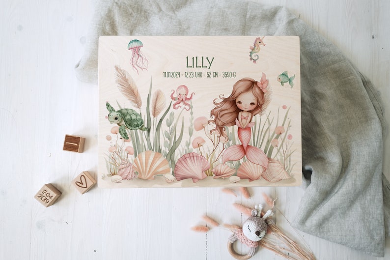 Personalized memory box made of untreated birch wood with name Mermaid For storing and decorating Baptism birth Motiv 5
