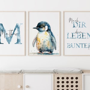 Pinguin Wandbilder Set mit Name personalisiert | Einzelbild | Kinderzimmer | Geschenk Tiere Bilder Kinder Babyzimmer Wanddeko Kunstdruck