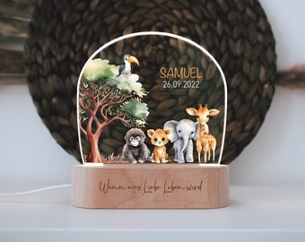 Veilleuse « Safari » personnalisée en acrylique, gravure sur socle en bois, cadeau de naissance, chambre d'enfant, cadeau d'anniversaire personnel, baptême