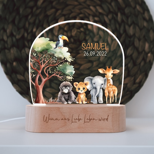 Nachtlampje "Safari" gepersonaliseerd gemaakt van acryl, houten basisgravure, babycadeau geboorte, kinderkamer, persoonlijk verjaardagscadeau, doop