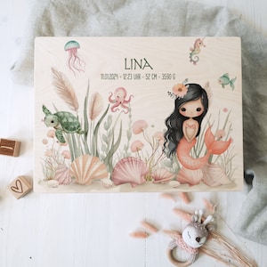 Personalized memory box made of untreated birch wood with name Mermaid For storing and decorating Baptism birth Motiv 3