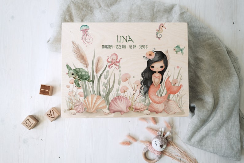 Personalized memory box made of untreated birch wood with name Mermaid For storing and decorating Baptism birth Motiv 3