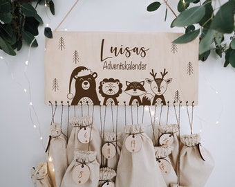 Kids Advent Calendar Personalized with Name – Wooden Board with Forest Animals, Christmas Gift Boy or Girl, Reusable DIY Fill-Your-Own Beech